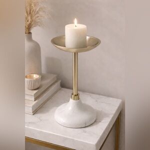 Rachel Zoe White Marble & Gold Pillar Candle Holder | Modern Glam Home Decor